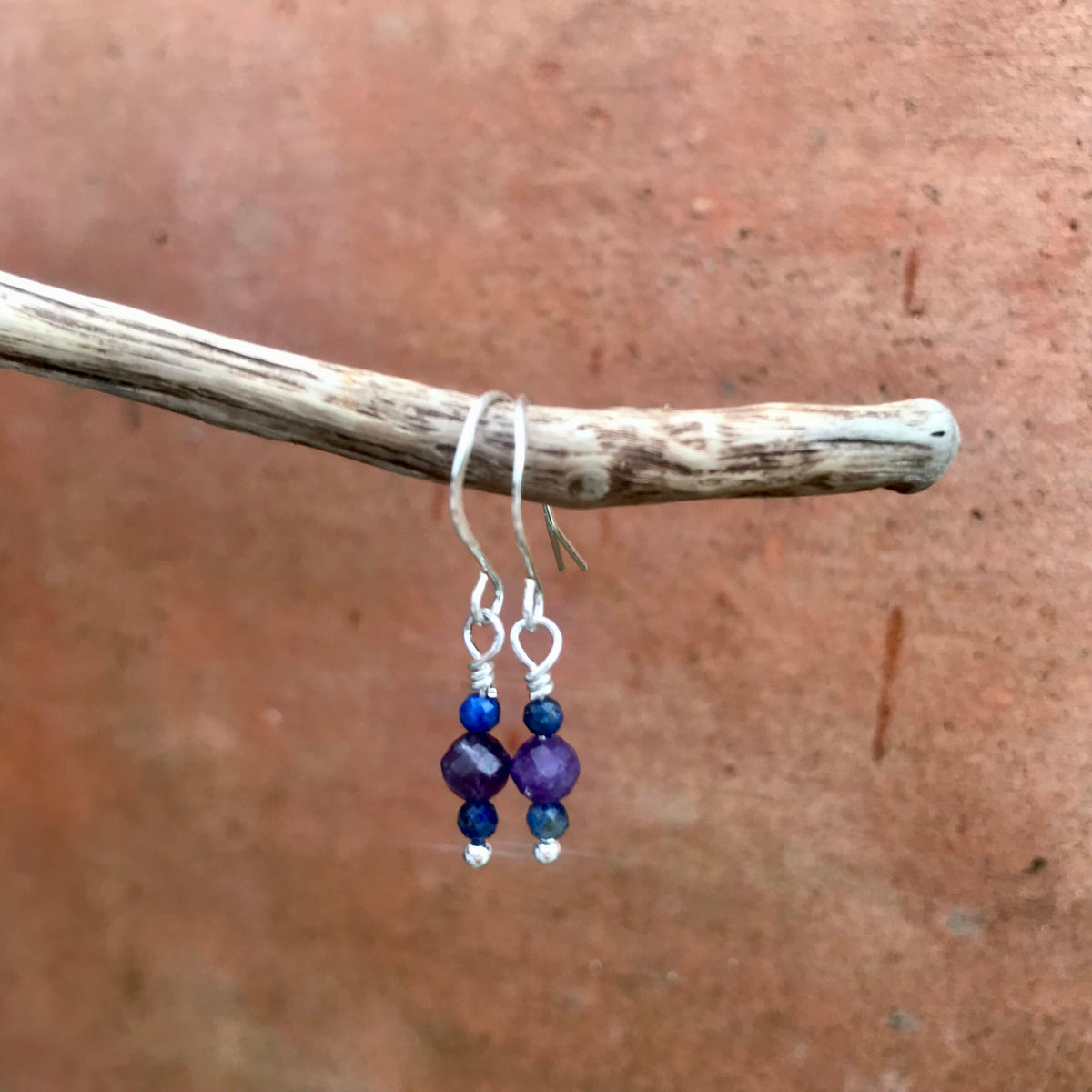 Dainty Amethyst and Lapis Lazuli Drop Earrings image 0