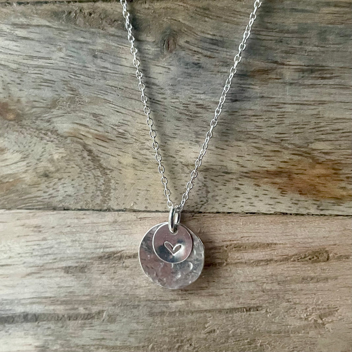 Sterling Silver Hammered Disc Necklace with Heart image 0
