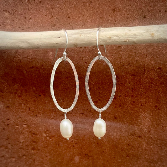 Silver Oval Halo Pearl Drop Earrings image 0