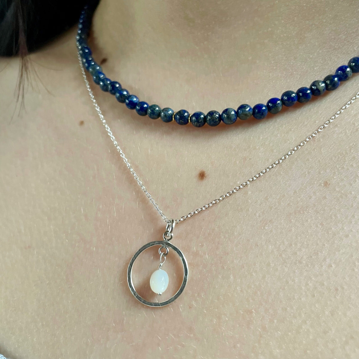 Hammered Sterling Silver Mother of Pearl Necklace image 1