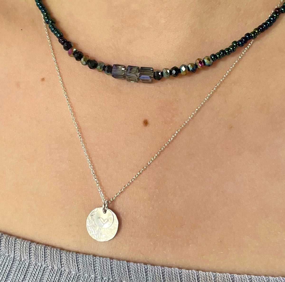 Sterling Silver Hammered Disc Necklace with Heart image 1