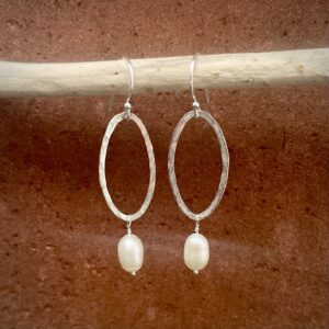 Silver Halo Oval Pearl Drop Earrings with freshwater pearl and sterling silver.