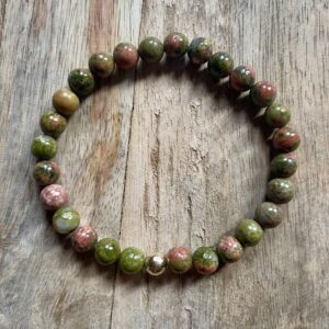 Unakite beaded bracelet with a beautiful gold-filled hammered bead as a focal.