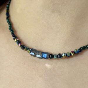Neptune crystal beaded necklace with sterling silver clasp and extender chain.